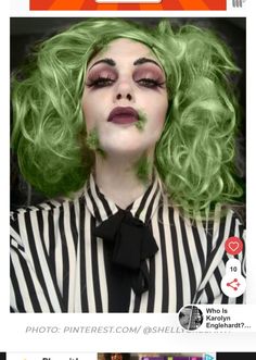 a woman with green hair and makeup looks like she's getting ready for halloween