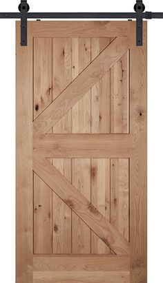 an open wooden door with black hardware and wood paneling on the outside, against a white background