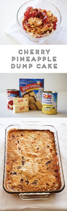 cherry pineapple dump cake recipe in a glass baking dish