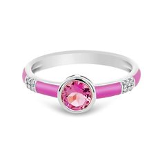 Stackable Sterling Silver Birthstone Enamel Ring Fine Jewelry Pink Enamel Ring, Fine Pink Enamel Rings, Round Enamel Promise Ring, Enamel Round Promise Ring, White Gold Enamel Round Rings, Pink Bezel Set Ring Jewelry, Pink Ring With Bezel Setting, Pink Bezel Set Ring, Gemstone Enamel Ring