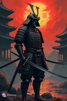 a samurai standing in front of an orange sunset