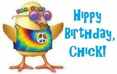 a happy birthday chick with sunglasses and peace sign