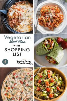 the vegetarian meal plan with shopping list is shown in four different pictures, including pizzas and salads