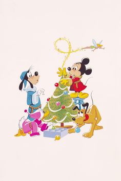 an image of mickey and minnie mouse decorating the christmas tree with other characters around it