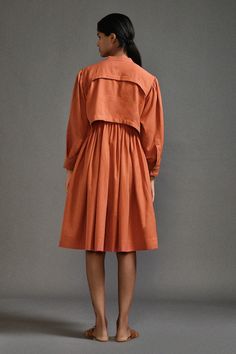 Rust orange high collar midi dress with flap pockets in cotton base. - Aza Fashions Plain Midi Dress, Midi Dress For Women, Rust Orange, Button Down Dress, Womens Midi Dresses, Dress For Women, Dress Pattern, Cuff Sleeves, High Collar