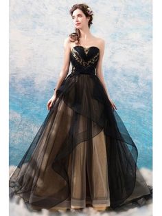 Fancy Black Ruffles Ball Gown Tulle Formal Dress Strapless Tulle Long Prom Dress, Prom Dress Black, Black Evening Dress, Gothic Wedding Dress, Open Back Wedding Dress, Strapless Prom Dresses, Banquet Dresses, Prom Dress Stores, Back Wedding Dress