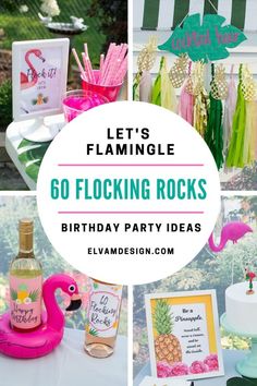 flamingo themed birthday party with pink flamingos, pineapples and other decorations