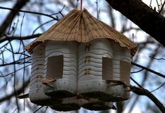 a bird house hanging from a tree branch