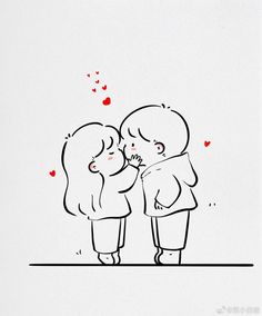 two children are kissing each other with hearts flying around the back ground and behind them is a white sheet that has red writing on it