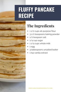 pancakes stacked on top of each other with the recipe below