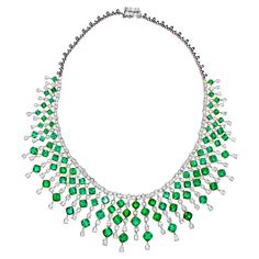 It comes with the Gemological Appraisal by GIA GG/AJP All Gemstones are Natural Emeralds = 75.25 Carats Diamonds = 44.85 Carats Clarity: E-G; Clarity: VVS-SI Metal: 18K Gold Necklace Length: 18 inches Necklace Drop: 2 inches Art Deco Emerald, Cartier Panthere, Gold For Sale, 18k Gold Necklace, Bracelet Love, Expensive Jewelry, White Gold Necklaces, Emerald Stone, Pear Diamond