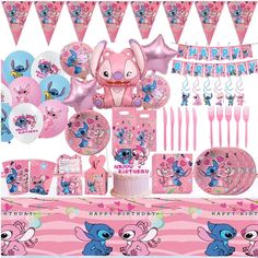 pink and blue birthday party supplies including balloons, streamers, plates, napkins and decorations