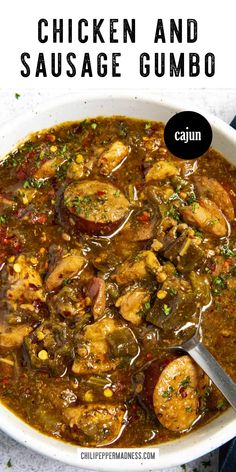 chicken and sausage gumbo in a large white bowl with a spoon on the side