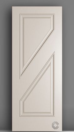 a white door with two diagonal lines on the front and side panels, against a gray background