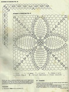 an old crocheted doily pattern with arrows on the center and two rows of stitches in the middle