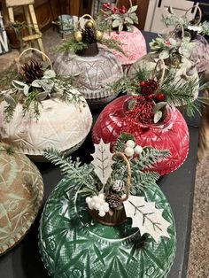 christmas decorations are sitting on top of a table