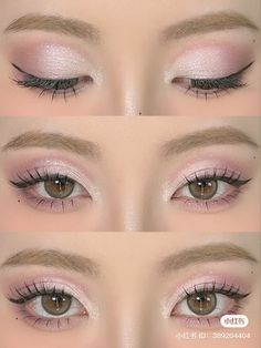 Petals En Pointe Colourpop Looks, Pink Korean Makeup Tutorial, Pale Pink Eyeshadow Looks, Light Pink Makeup, Pink Eye Makeup, Cute Eye Makeup, Doll Eye Makeup, Makeup Face Charts, Korean Eye Makeup