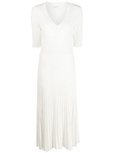 White Ribbed Midi Dress For Spring, Formal Ribbed V-neck Dress, Spring White Ribbed Midi Dress, White Cotton Dress, Empire Waist Dress, Cocktail Parties, Flowing Skirt, Waist Dress, Fitted Bodice