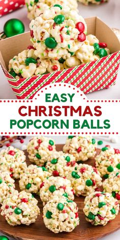 easy christmas popcorn balls recipe in a box and on a platter with candy canes