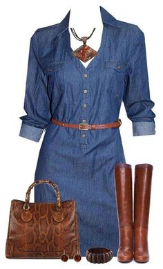 Denim Dress Accessories, Denim Dress Winter Outfit, Denim Dress With Boots, Brown Accessories, Summer Boots, Denim Dresses, Bag Belt, Gucci Tote, Denim Chic