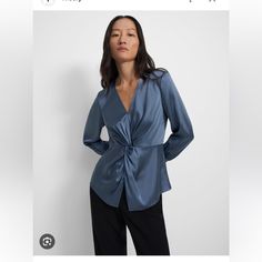 Nwt! Theory Satin Blouse In A Blue Gray Color - Gorgeous! Blue Silk Blouse For Fall, Elegant Blue Blouse For Work, Blue Silk Formal Tops, Elegant Blue Tops For Formal Occasions, Elegant Blue Top For Formal Occasions, Formal Blue Silk Tops, Elegant Blue Formal Tops, Elegant Blue Tops For Spring, Blue Silk V-neck Blouse