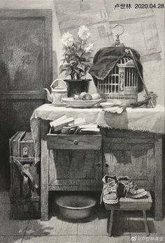 a drawing of a birdcage and flowers on a table next to a suitcase