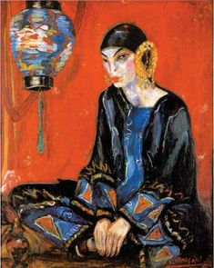 a painting of a woman sitting in front of a red wall with a lamp on it