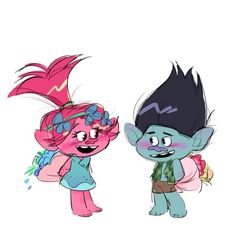 two cartoon characters one is pink and the other is blue with black hair, standing next to each other