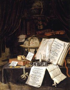 an oil painting of books and other items on a table