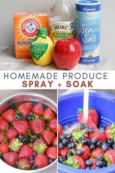 the ingredients to make homemade produce spray and soak are shown in three different pictures