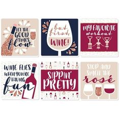 six coasters with different types of wine and sayings on the front, one is red