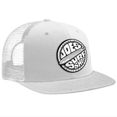 Elevate your beach style with the Joe's Surf Shop Fins Up Flat Bill Trucker Hat. This trucker hat combines fashion and functionality, featuring a sleek flat bill design and a breathable mesh back panel. With its rubber Joe's Surf Shop logo, this hat proudly represents the surf culture and adventure-seeking spirit. The adjustable snapback closure ensures a comfortable fit, while the flat bill provides ample shade from the sun's rays. Whether you're catching waves or lounging on the sand, the Fins Casual Snapback Hat With Breathable Mesh, Casual Snapback Hat With Breathable Mesh And Flat Bill, Beach Mesh Baseball Cap With Curved Brim, Mesh Snapback Baseball Cap For Beach, Beach Mesh Snapback Hat, Breathable Mesh Trucker Hat For Beach, Mesh Visor Trucker Hat For Beach, Beach Mesh Visor Trucker Hat, Mesh Trucker Hat For Beach