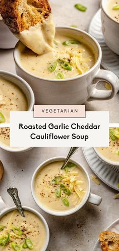 roasted garlic cheddar cauliflower soup in white bowls with spoons on the side