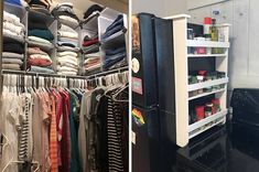 two pictures side by side one has an open refrigerator and the other has clothes on racks