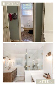 Before and after photo of primary bathroom with two vanities and a frameless, walk in shower Gold Faucet