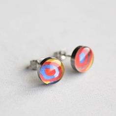 "Carefully handcrafted earrings, featuring Wassily Kandinsky's famous painting: Concentric circles, Made of 100% hypoallergenic SURGICAL STAINLESS STEEL and RESIN. Perfect for everyday wearing to office and for any other occasions. More ART: http://etsy.me/1lL5RqU More STUD earrings: http://etsy.me/Ym7FfT DIMENSIONS - 7mm / 10 mm / 12 mm (0.27\" / 0.4\" / 0.5\") in diameter MATERIALS - glossy, jewelry grade resin, that makes the earrings durable but light weight, as well as water resistant - hig Artsy Red Earrings As A Gift, Modern Multicolor Earrings As A Gift, Modern Multicolor Earrings For Gift, Modern Multicolor Earrings As Gift, Modern Jewelry With Abstract Design For Gift, Modern Abstract Jewelry As A Gift, Modern Abstract Design Jewelry Gift, Retro Circular Earrings For Gifts, Retro Circular Earrings As Gift