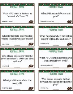 four football trivia cards with the words, which are in green and brown colors