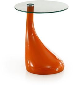 an orange table with a glass top and curved base on the bottom, against a white background