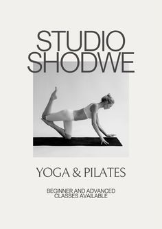 a woman doing yoga and pilates in front of a white background with the words studio