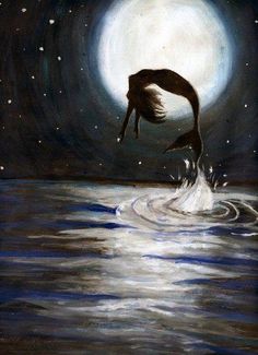 an acrylic painting of a whale jumping out of the water at night time