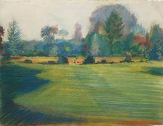 a painting of trees and grass in a field