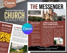 an image of a church news letterhead and brochure with images of churches in the background