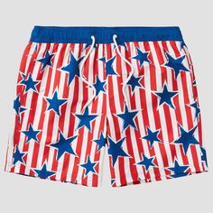 Get ready for beach days or pool parties with the Men's Star Print Striped Americana Swim Shorts in classic blue and red. Crafted from lightweight polyester, these shorts feature an above-the-knee length and adjustable straps for the perfect fit. Whether you're hitting the waves or lounging by the pool, these swim shorts are designed to deliver comfort throughout. Blue Shorts For Beach Party In Summer, Blue Swim Trunks For Beach Party, Red Swim Trunks For Beach Season, Red Swim Trunks With Built-in Shorts For Poolside, White Summer Bottoms With Star Print, White Star Print Summer Bottoms, Summer White Star Print Bottoms, Red Swim Trunks For Summer Beach, Red Swim Trunks For Beach In Summer