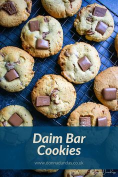 chocolate chip cookies on a cooling rack with the words chunky dain bar cookies