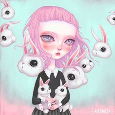 a painting of a girl with pink hair holding four rabbits in front of her face