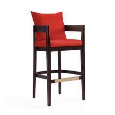 an upholstered bar stool with a red cushion and wooden frame, viewed from the front