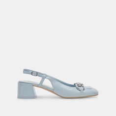 MELLI HEELS SKY BLUE CRINKLE PATENT Chic Slingback Pumps With Rectangular Buckle, Chic Slingback Pumps With Heel Strap And Rectangular Buckle, Wedding Wardrobe, Metal Detail, Kitten Heel Pumps, Distressed Leather, Heel Pumps, Kitten Heel, Designer Heels