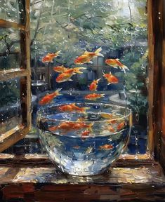 a painting of goldfish in a bowl on a window sill