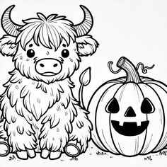 a black and white drawing of a cow next to a pumpkin