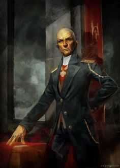 a painting of a man in uniform standing next to a red suitcase with his hands on his hips